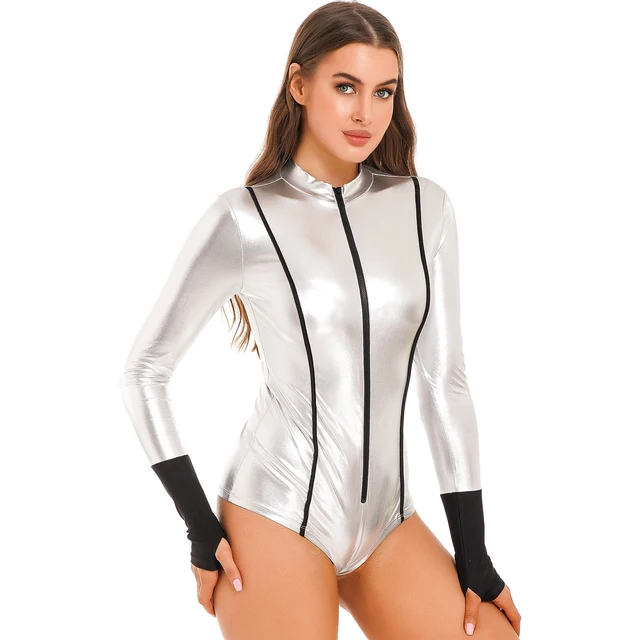 Uniforme espacial de astronauta Sexy para mujer, disfraz de Cosplay de Halloween, leotardo de manga larga brillante metálico con cremallera, Catsuit, ropa de fiesta para discoteca 1