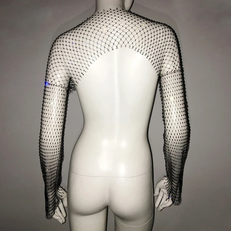 Durchsichtiges Netz-T-Shirt für Damen mit Strasssteinen, volle Ärmel, sexy, hohles Netz-loses Oberteil für Strandparty, Bikini-Vertuschung – Detail 8