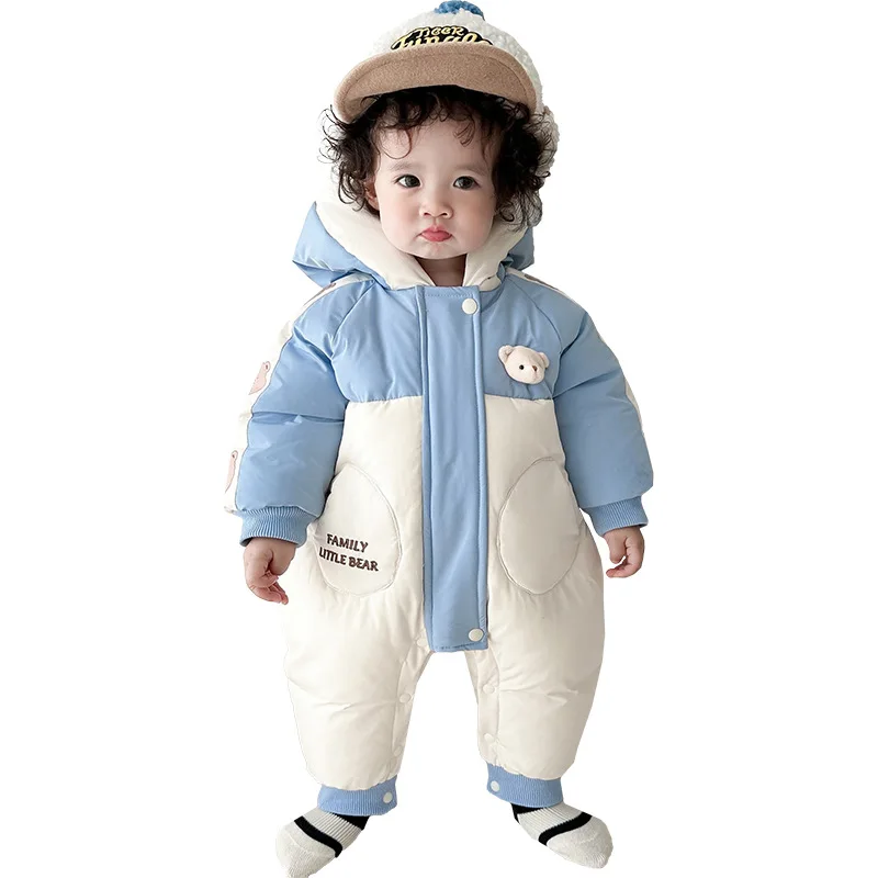 2023 Winter New Arrival: Kids Babies Boys Girls Full Sleeve Patchwork Hooded Zipper One-Piece Romper with Cartoon Bears, 0-3Y