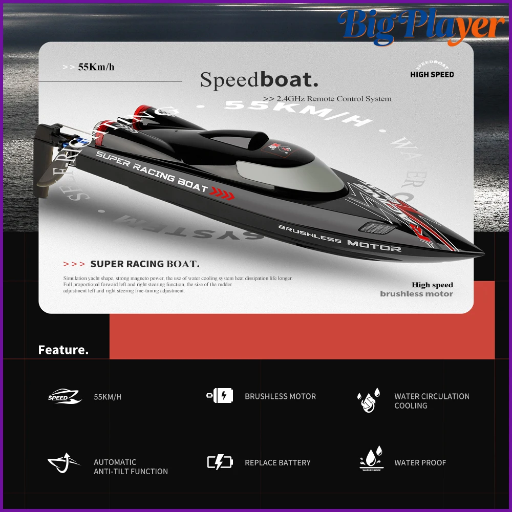 Bateau RC WLtoys WL916 en action, soulevant un spray d'eau derrière lui à 55km/h.
