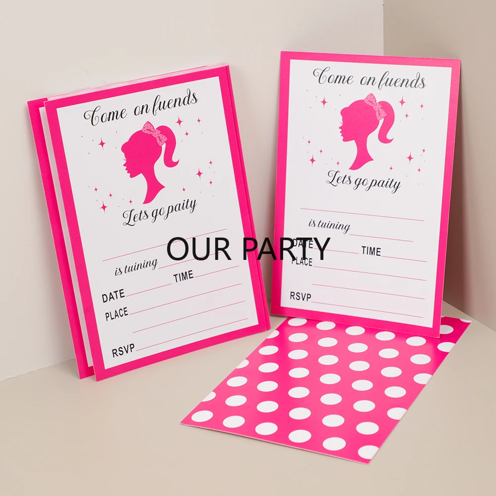 20Pcs Let's Go Party Theme Invitation Cards Dot Princess Girl Greeting Card for Birthday Baby Shower Wedding Party Decoration