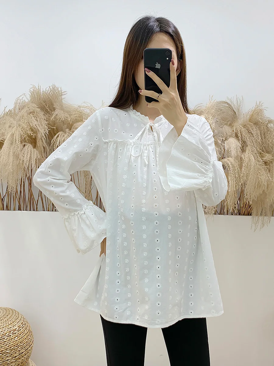 임산부 셔츠 봄 가을 순면 플레어 슬리브 자수 루즈핏 한국 스타일 만능 베이스 레이어 셔츠