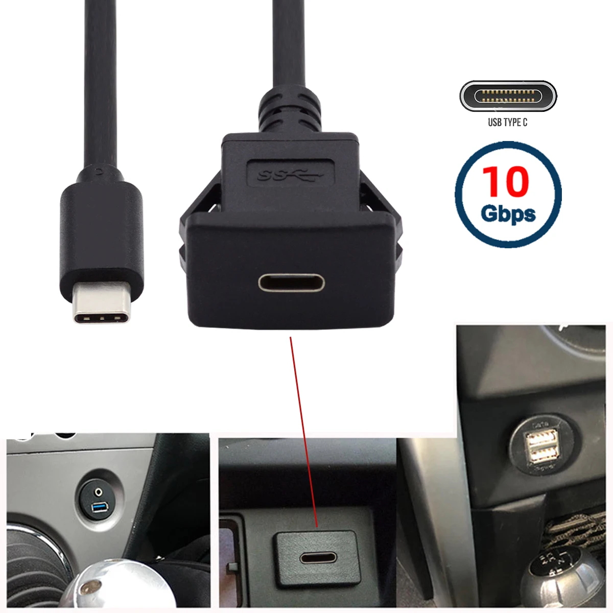 USB-C C타입 USB 3.1 수-암 연장, 플러시 카 래치 마운트 연장 케이블, 대시 보드 패널용, 10Gbps