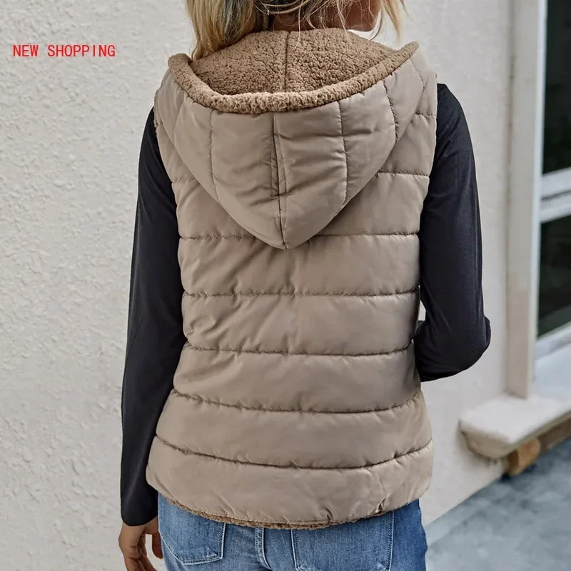 New Winter Warm Plush Jackets Women Double Sided Vest Hooded Ladies Solid Casual Pockets Coats Vests Outwear Chaleco Mujer Indie