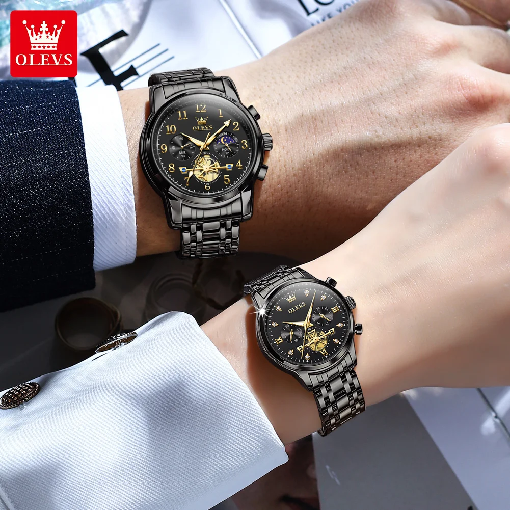 OLEVS Quartz Couple Watch Luxury Brand Waterproof Lunar Phase Timing Code Watch Elegant and Romantic Lover His Her Couple
