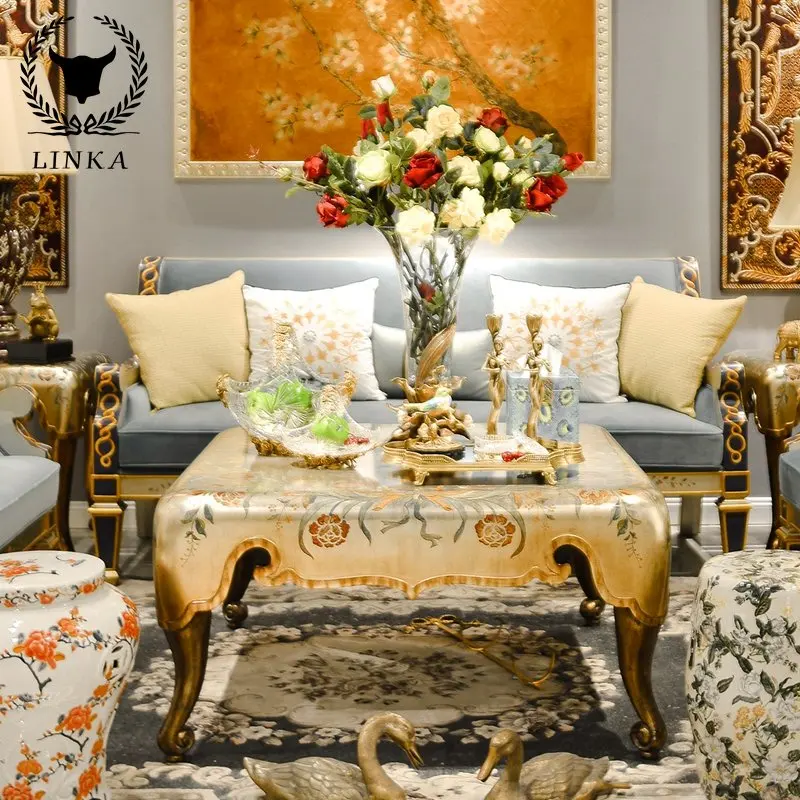 

European-style French court style all gold foil paint hand-painted foreign flowers 1m square coffee table corner
