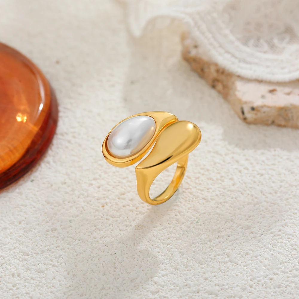 Vintage Dome Teardrop 18K Gold Plated Women's Rings Imitation Pearl Waterdrop Stainless Steel Open Chunky Ring Punk Jewelry Gift