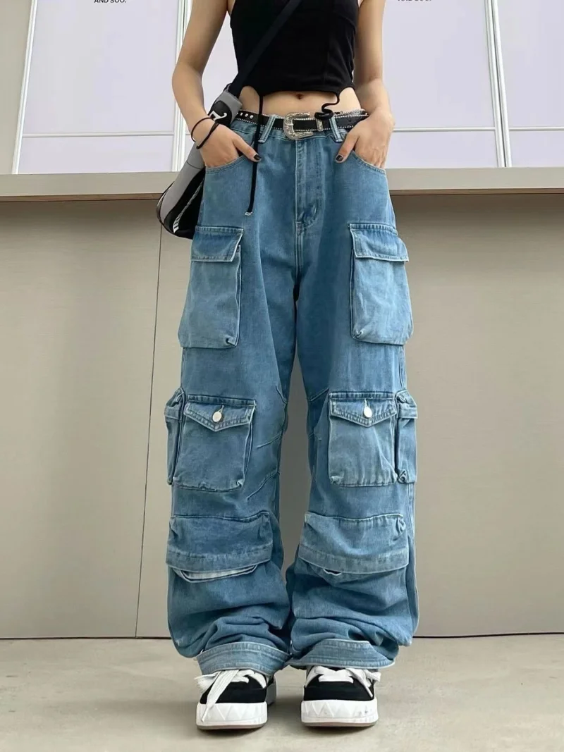 

Women's Multi-Pocket Blue Washed Cargo Pants Y2k Retro High Street Fashion High Waist Jeans Simple Casual Wide Leg Pants
