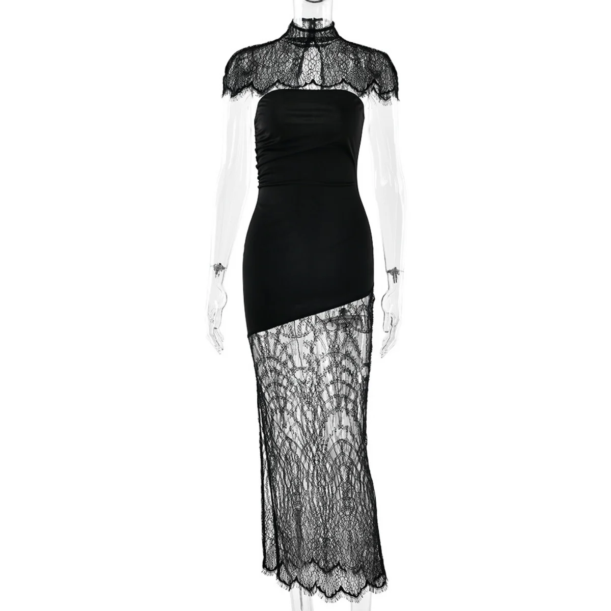 Patchwork Sexy Trägerloses Transparentes Spitzenkleid für Damen Schwarzer Rollkragen Ausgeschnittenes Zweiteiler-Set Schlankes Elegantes Party-Abendkleid – Detail 11