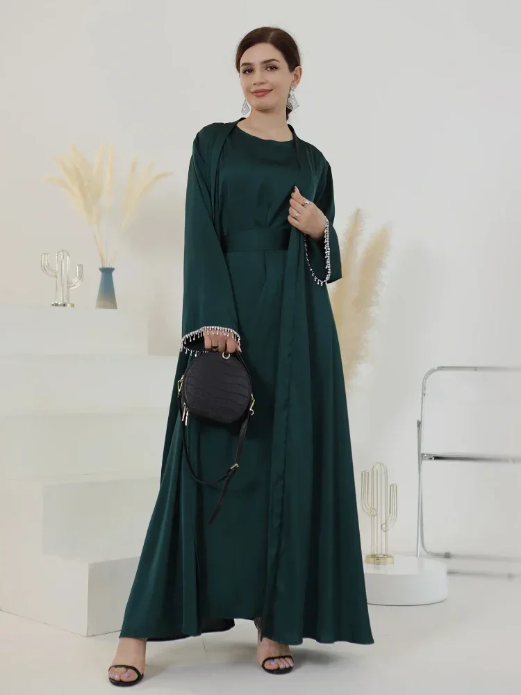 Ramadan 2 Piece Abaya Set Satin Beads Kimono Matching Inner Dress Turkey Party Muslim Sets for Women Dubai Luxury Islamic Outfit