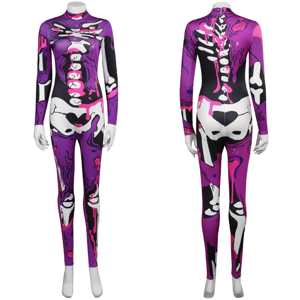 

Women Skeleton Jumpsuit Cosplay Costume Outfits Girls Purple Printed Bodysuit Halloween Carnival Role Play Disguise Party Suit