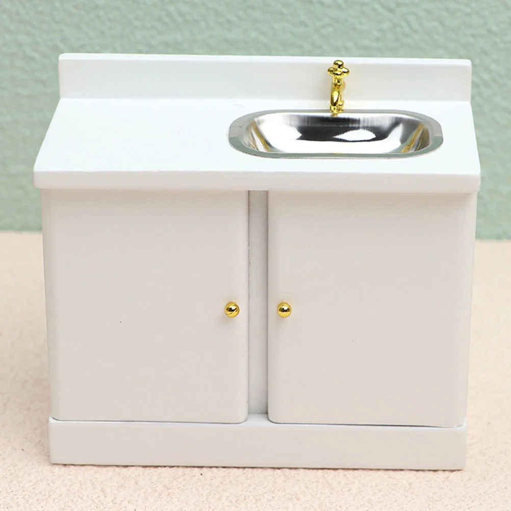 

Dollhouse Cupboard Wooden Mini Sink Decoration Miniature Cabinet With Accessory Counter Model Ornaments