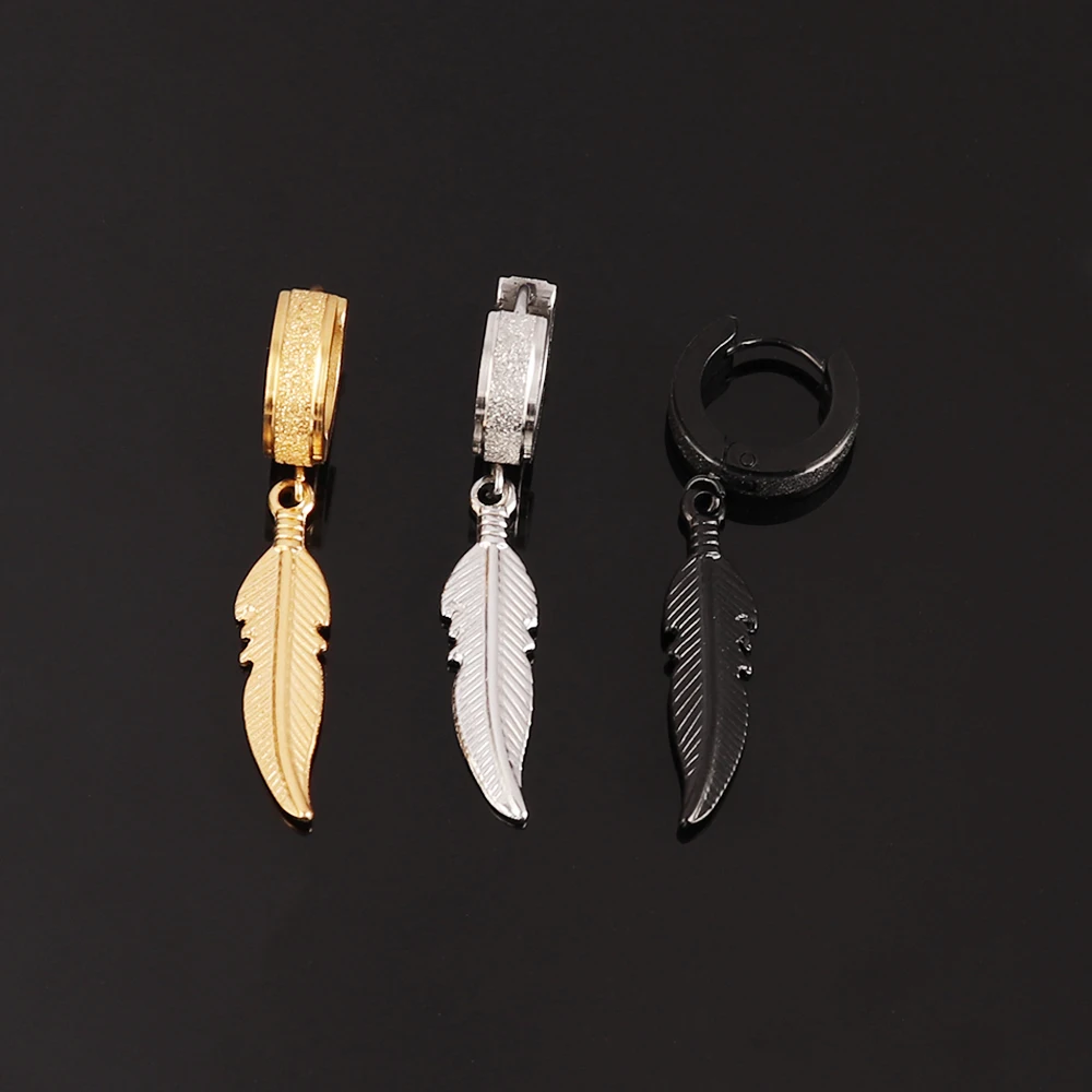 Silver Earrings Men Hanging Feather Earring Steel Hoop Earring For