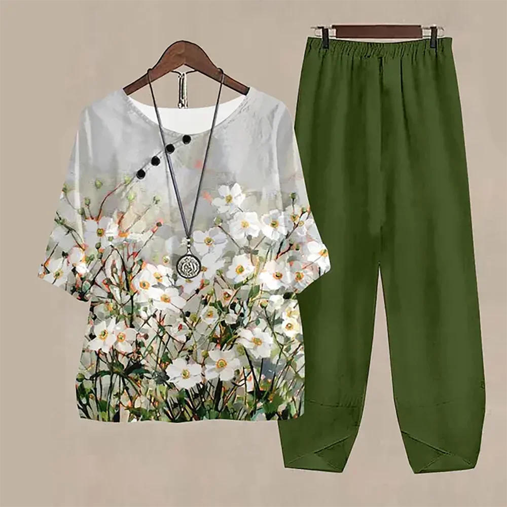Elegant Floral Print Beige Top with Green Trouser Set