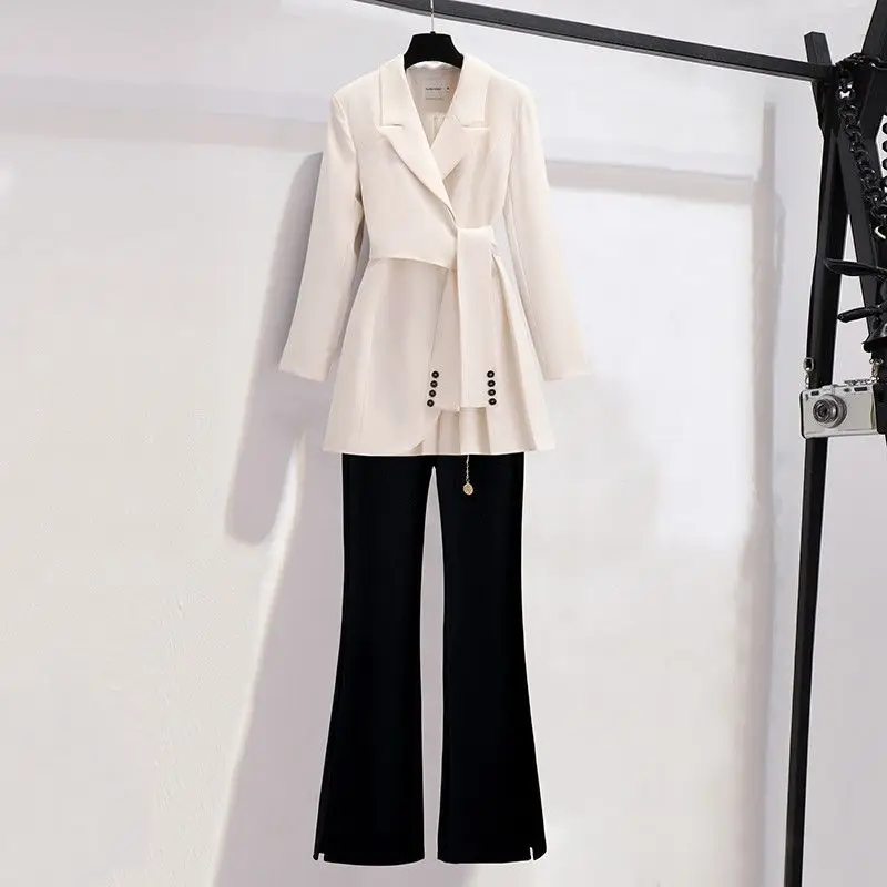Spring new long sleeved trousers Lapel Leisure suit elegant button belt decorative women's coat pants two-piece set