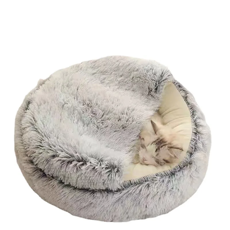 Soft Plush Pet Bed with Cover Round Cat Bed Pet Mattress Warm Cat Dog 2 in 1 Sleeping Nest Cave for Small Dogs