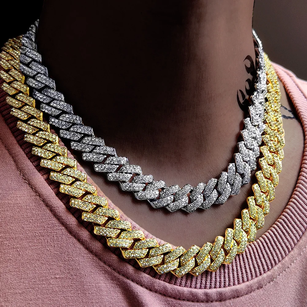 

Hip Hop Bling Iced Out Paved Rhinestones Cuban Necklace For Women Men 14MM Miami Curb Prong Cuban Chain Necklace Luxury Jewelry