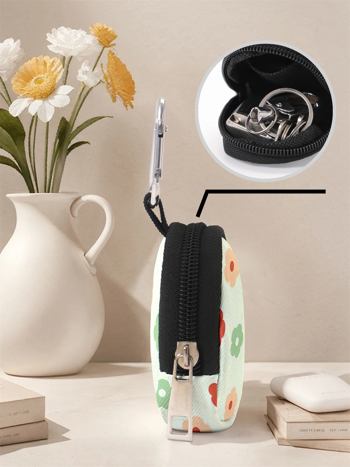 Flower pattern printed mini wallet, zipper change bag with hook clip, headphone key bag, suitable for men and women