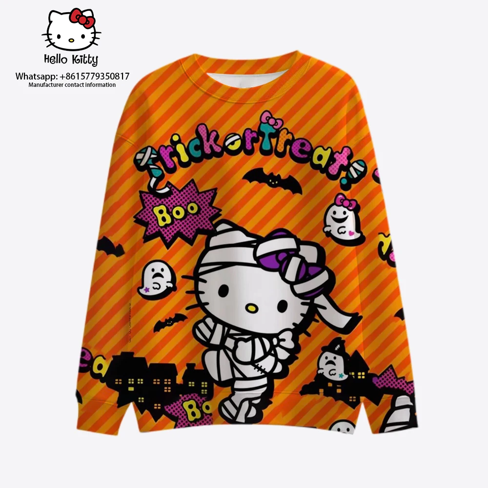 

Смешной милый оранжевый свитер Hello Kitty с рисунком летучая мышь пуловер с круглым вырезом теплый ретро свитер осень и зима