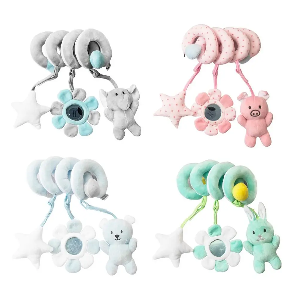 Cartoon Plush Car Seat Toys 0-12 Months with Mirror Baby Toys Spiral Hanging Activity Stroller Toy for Gift