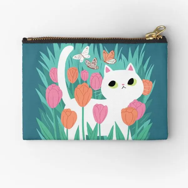 

Мешочки на молнии с изображением белого кота в тюльпанах, чистая упаковка, Маленькая мужская сумка для хранения ключей, косметические трусики, монеты, носки, нижнее белье