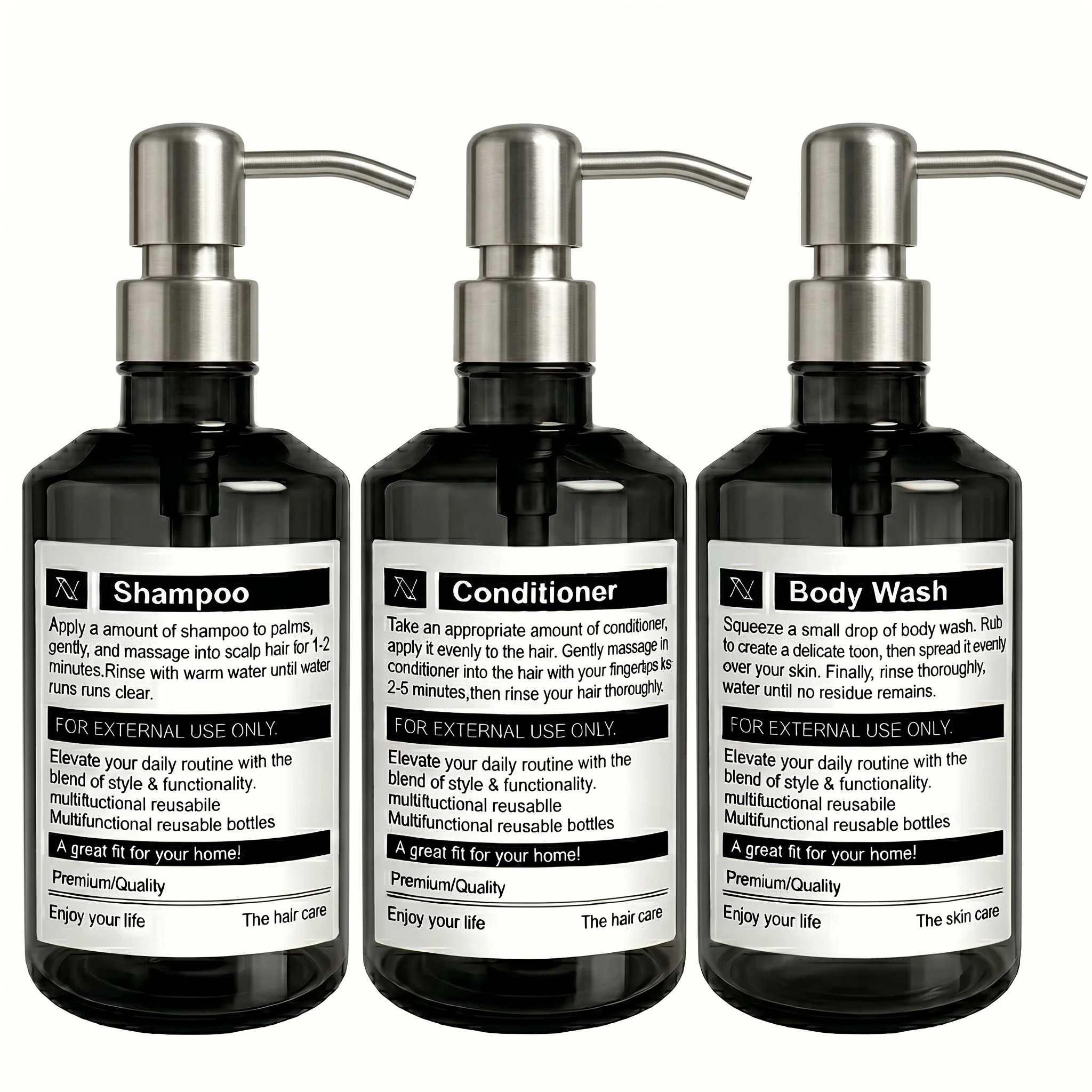 Deluxe Refillable Bathroom Dispenser Bottles for Shampoo, Conditioner, and Body Wash