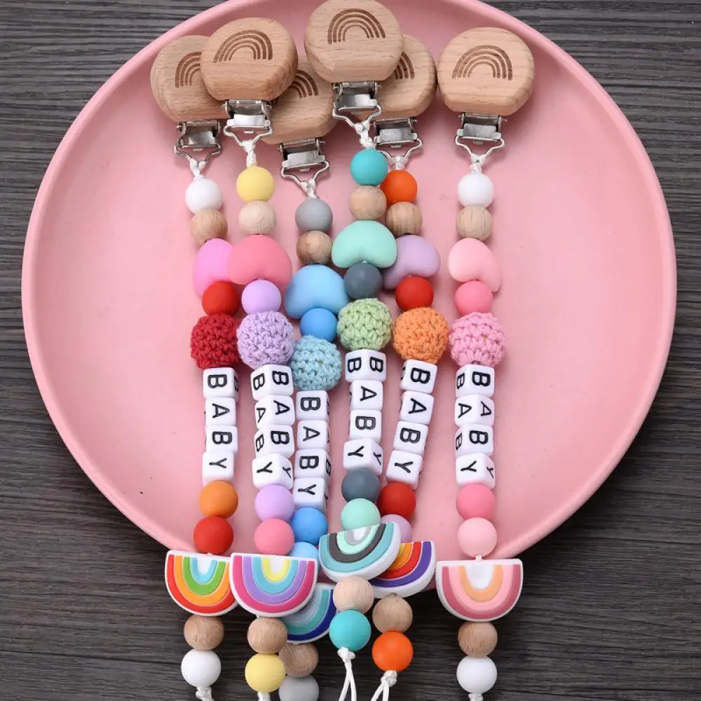 Personalize Name Pacifier Clips Holder Baby Silicone Rainbow Pacifier Holder Chain Baby Handmade Dummy Clips Teether Gift Custom 2