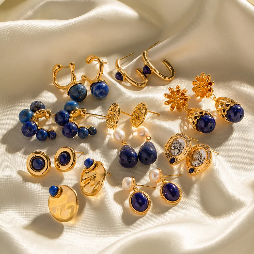 Women's earrings lapis lazuli titanium steel earrings ethnic wind new non-fading earrings niche fashion jewelry
