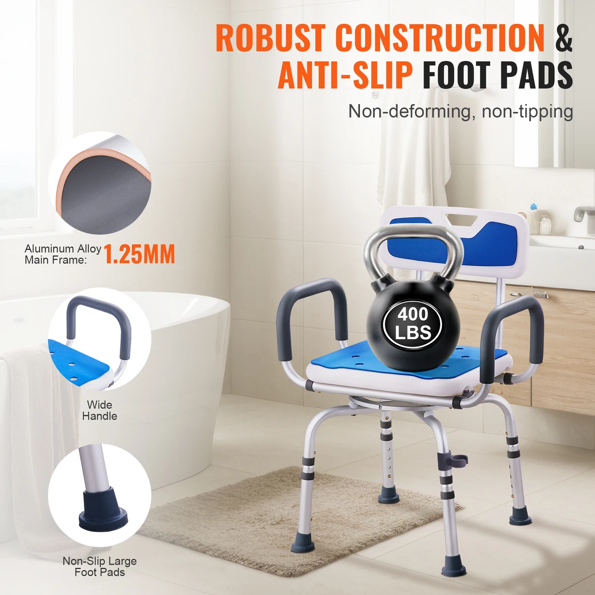 SucceBuy Swivel Shower Chair 360 Degree Adjustable with Armrest and Backrest for Shower or Bathtub Non-Slip for Disabled Elderly — view 4