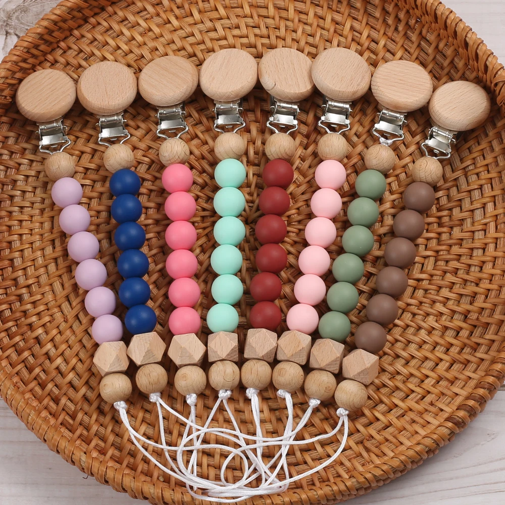 

Baby Pacifier Chain Colorful Silicone Wood Round Beads Food Grade Nursing Teether Toys For Baby Beech Dummy Holder Clips Chain