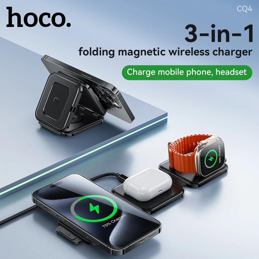 

HOCO 3in1 folding Magnetic Wireless Charger Stand For iPhone 15 14 13 12 Apple Watch 7 8 Ultra Airpods Pro for Samsung S23 S22