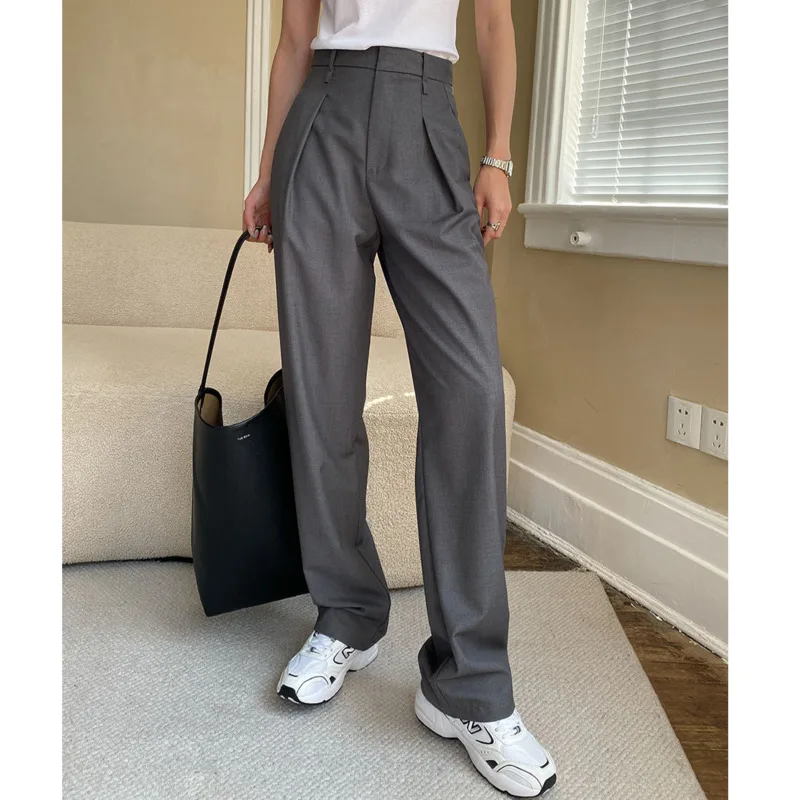 

Spring Summer Women Pleated Wide Leg Suit Pants High Waist Pocket Straight TR Fabric Solid Color Basic Trousers For Minamalist