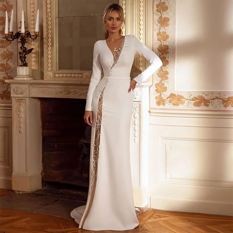 

White Cut-Out Mermaid Evening Dresses Beads Sequins Luxury Evening Gown O Neck Long Sleeve Satin Abendkleider Vestidos De Fiesta