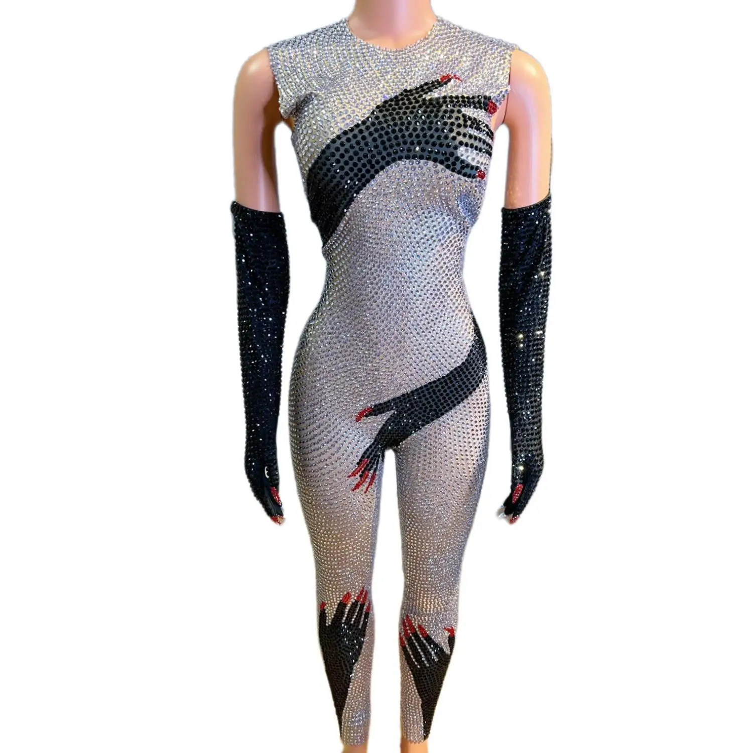 

Shiny Stone Black Hands Printed Jumpsuit Gloves Sexy Performance Costume Singer Show Stage Wear Party Birthday Outfit Heishou