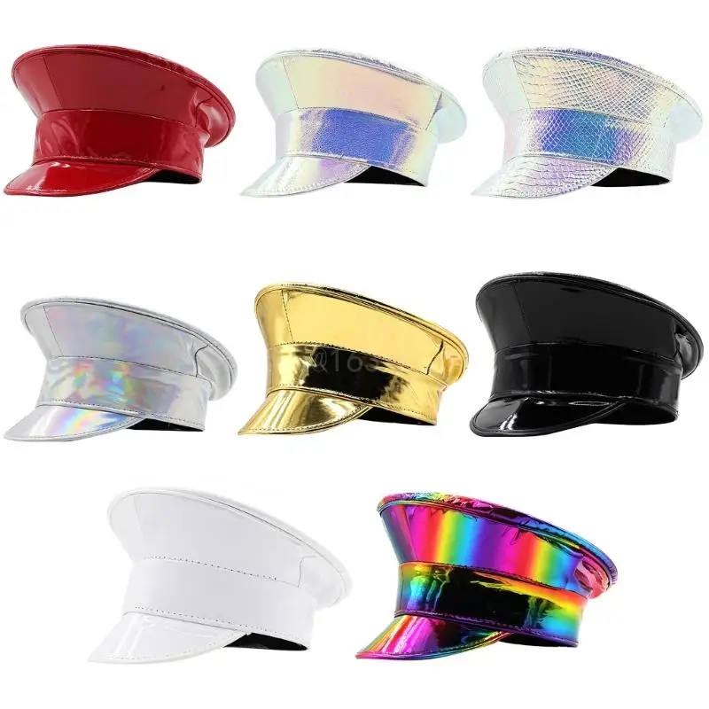 

PatentLeather Military Hat for Women Novelty Glitter Party Hat Sergeant Captain Cap for Stage Club Bachelorette Party
