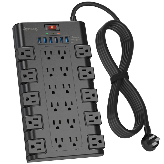 SUPERDANNY-Barrette d'extension longue 8 fédérations, avec 6 ports de  charge USB et 22 prises secteur, multiprise, protection contre les  surtensions