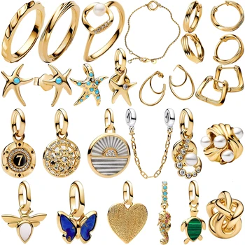 Gold Charms New 925 Sterling Silver Beads Starfish Octopus Shell Ring Earrings Fit Bangle Bracelets Necklace Women DIY Jewelry 1