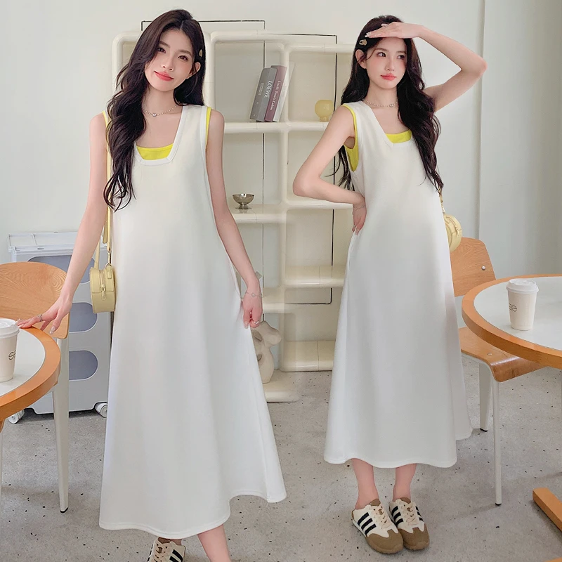 Korean Style Summer Maternity Clothes Set Yellow Tank Top Sleeveless Sundress 2pcs/set Elegant Pregnant Woman Dress Suits