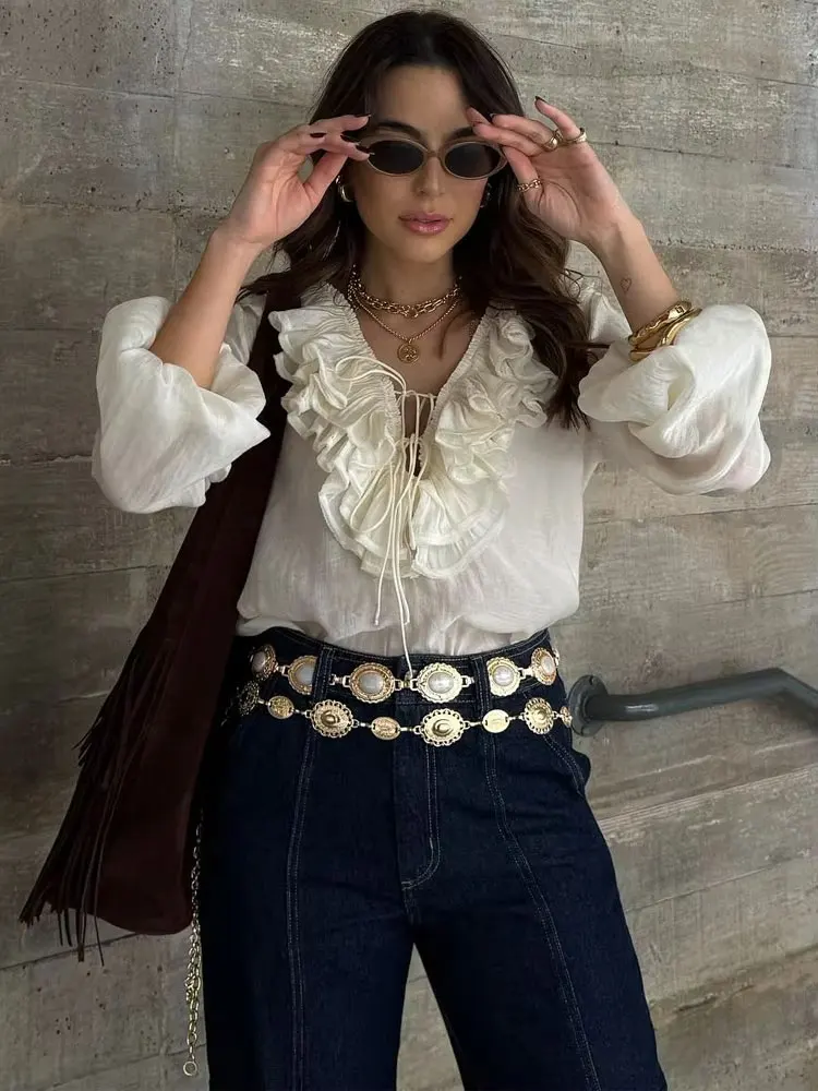 HH Women Fashion Ruffled Lace Up Blouses Translucent Thin Shirt Elegant Solid V-Neck Long Sleeve Shirts Spring Summer Tops
