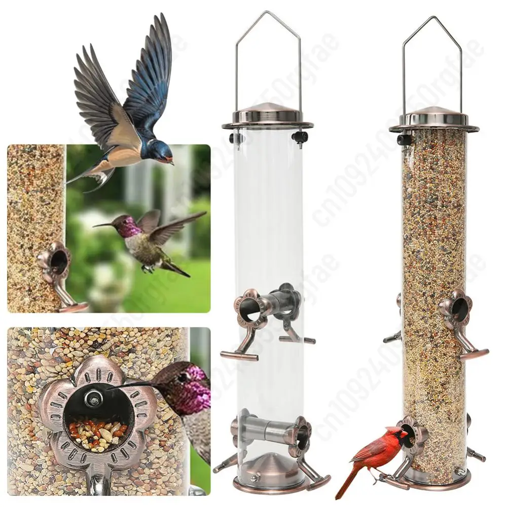 Bird Feeder Bird Supplies Metal Bird Feeders with 4 Feeding Ports Hanging Bird Seed Feeder Weather Resistant Tubular Food Dispenser