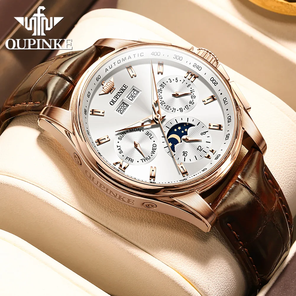 OUPINKE Luxury Brand Watches for Men Automatic Mechanical Watches Genuine Leather Band Waterproof Moon Phase Men's Wristwatches mechanical watch