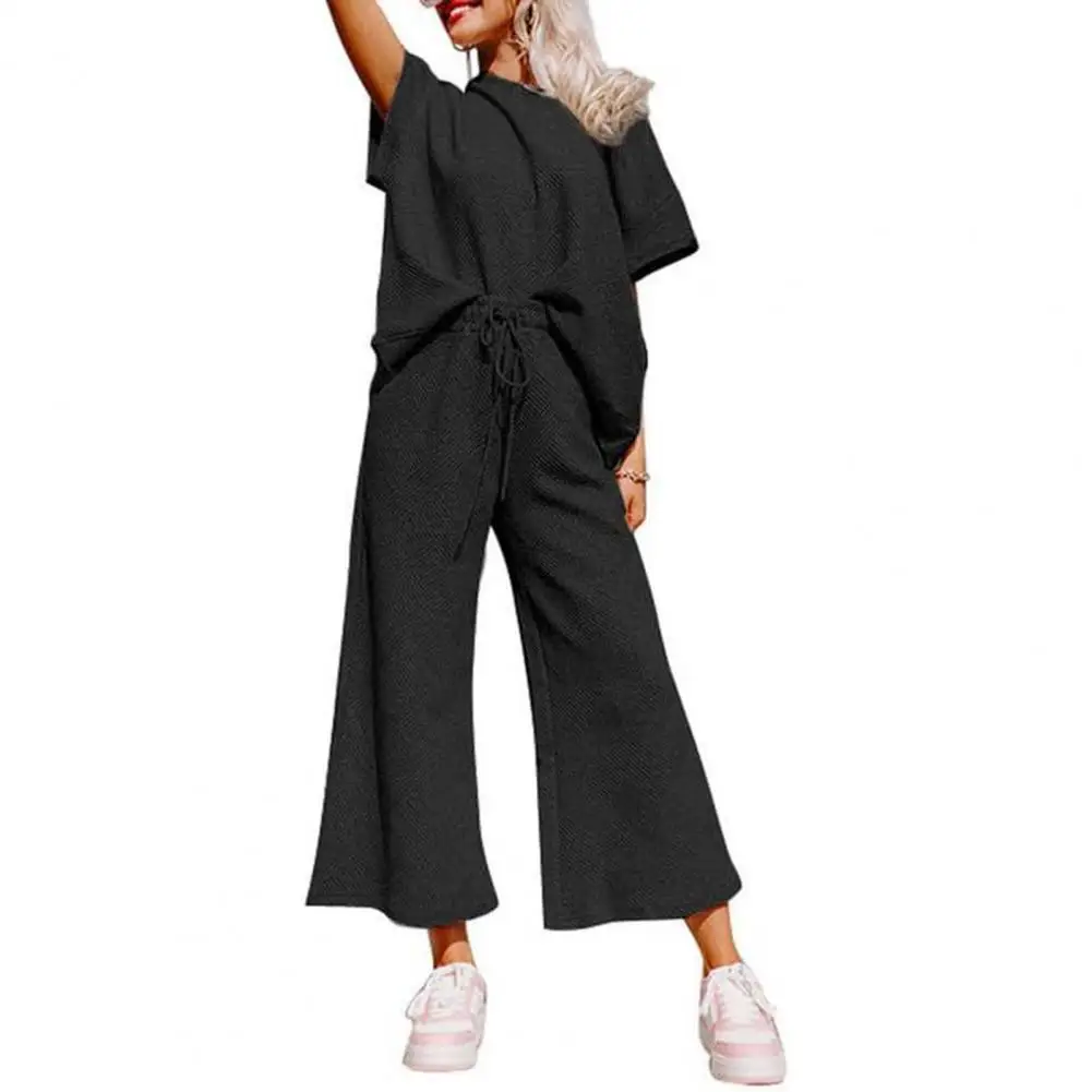 Summer Women Top Pants Set Women's Casual Two-piece Set with Short Sleeves Drawstring Waist Side Pockets Solid for Sportswear