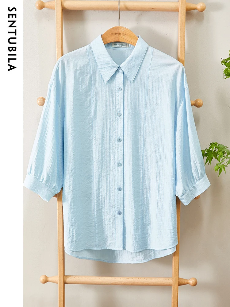 SENTUBILA Light Blue Women's Casual Shirts 2023 Loose Summer Tops Simple Three Quarter Drop Sleeve Shirts & Blouses for Women