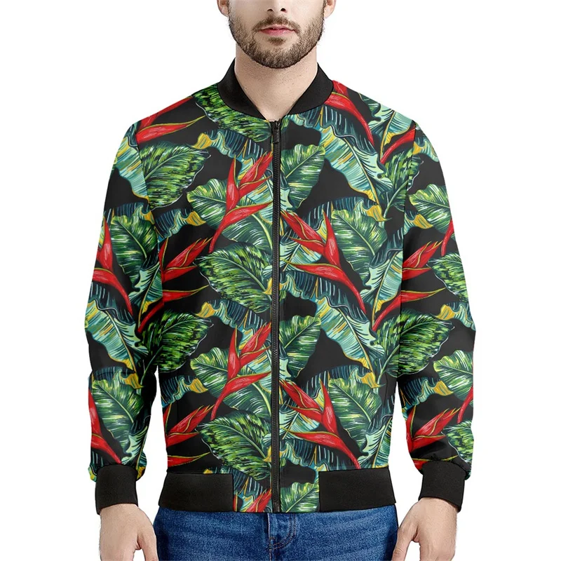 thumbnail image 1 of Chaqueta con cremallera y estampado 3D de flores hawaianas para hombre, sudaderas con estampado de plantas tropicales, abrigos bombarderos de gran tamaño y mangas largas, 1 of 4