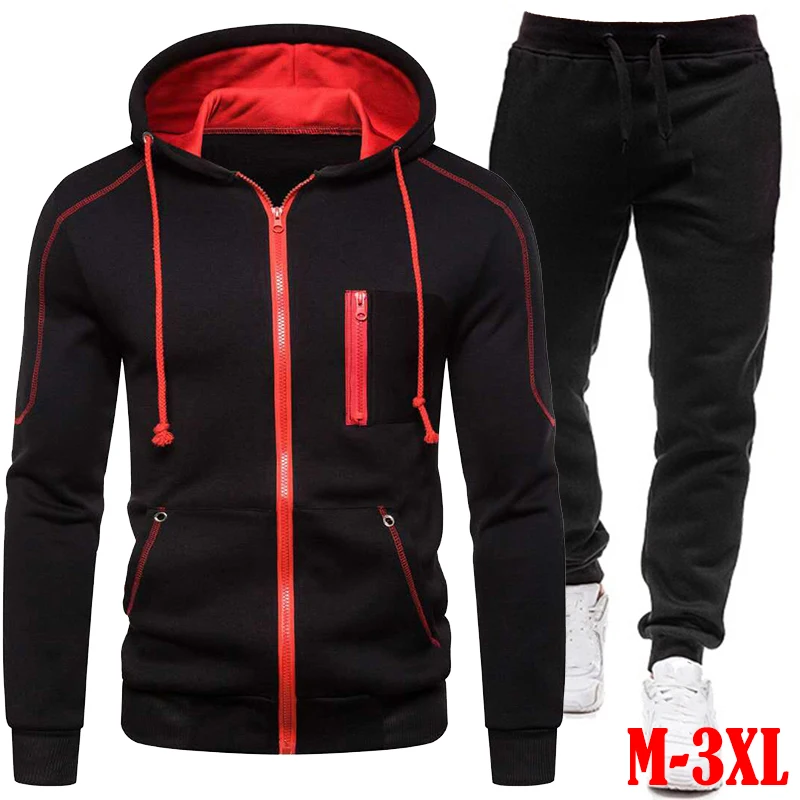 Men's Fashion Tracksuit Zipper Jacket + Black Sweatpant 2Pcs Outdoor Suit Sports Suit Casual Jogging Suit/set