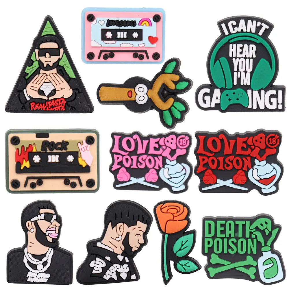 

New 1pcs PVC Croc Jibz Fit Wristbands Singer Man Rose Poison Tapes Garden Shoes Button Decorations Hole Slipper Accessories