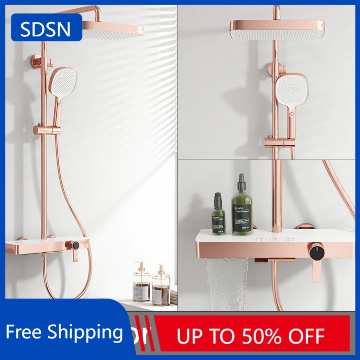 Rose Gold เปียโนห้องน้ําระบบ Sprinkler 12 นิ้วหัวฝักบัวทองเหลืองก๊อกน้ําห้องน้ําร้อนเย็นเปียโนชุดฝักบัว 1