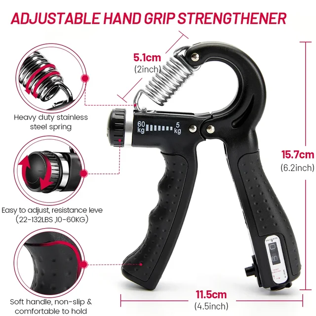 5-60kg Adjustable Hand Grip Strength Strengthener Trainer Full Set With Counter Wrist Forearm And Hand Exerciser For Muscle 4