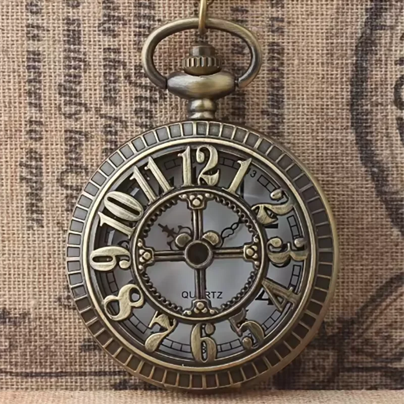 Antique Steampunk Bronze Hollow Gear Movement Quartz Pocket Watch Pendant Gift With Chain Boys Men