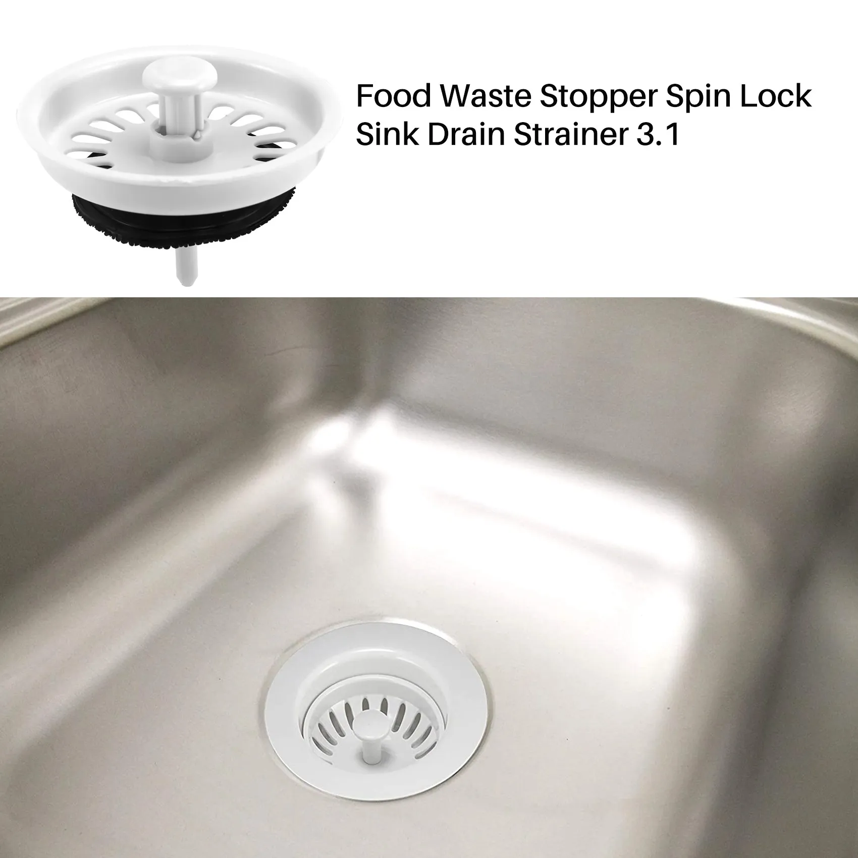 Food Waste Stopper Spin Lock Sink Drain Strainer 3.1" Dia White Black Plastic 2
